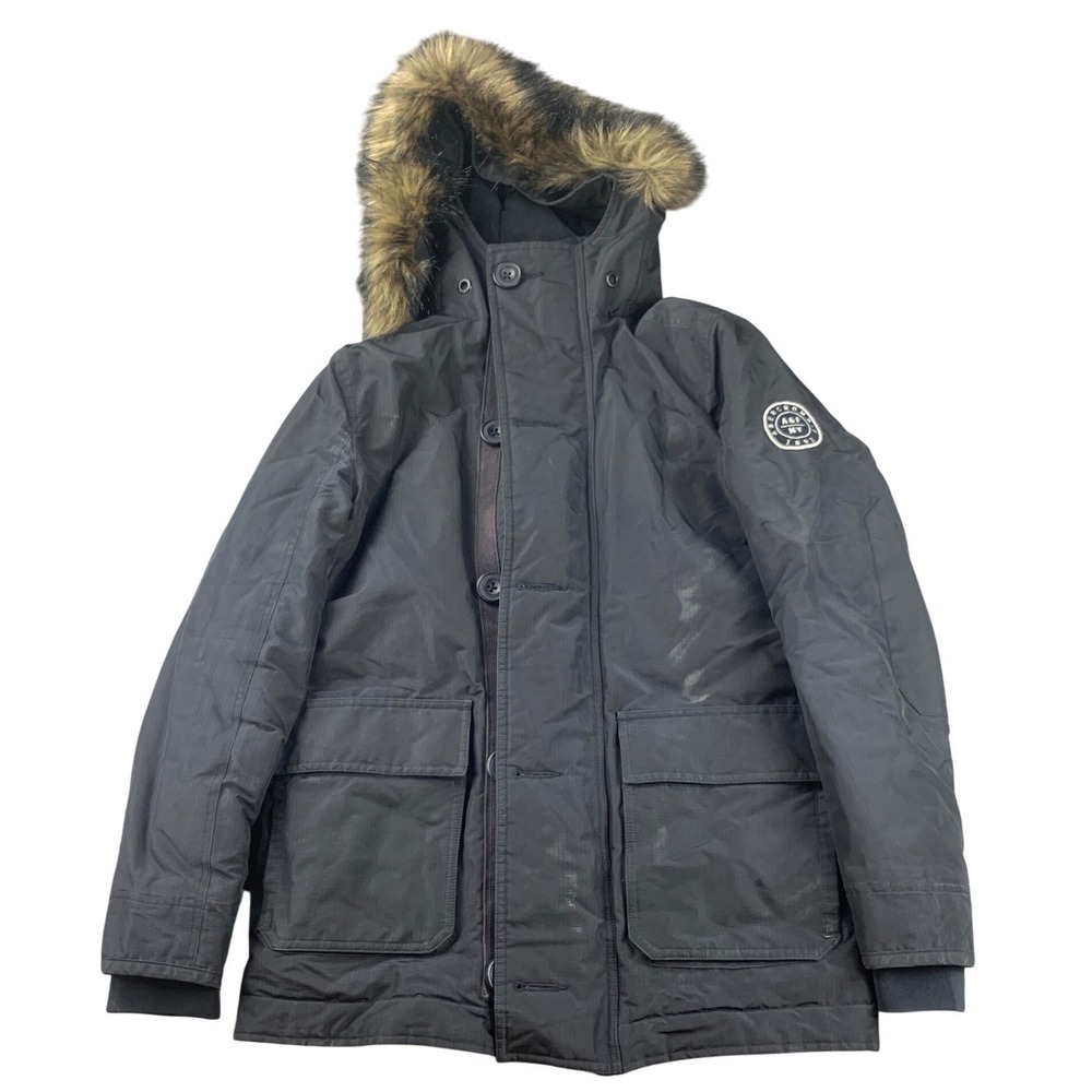 Vintage Y2K Abercrombie & Fitch Parka‎ Jacket Men S Black Faux Fur Hood Winter